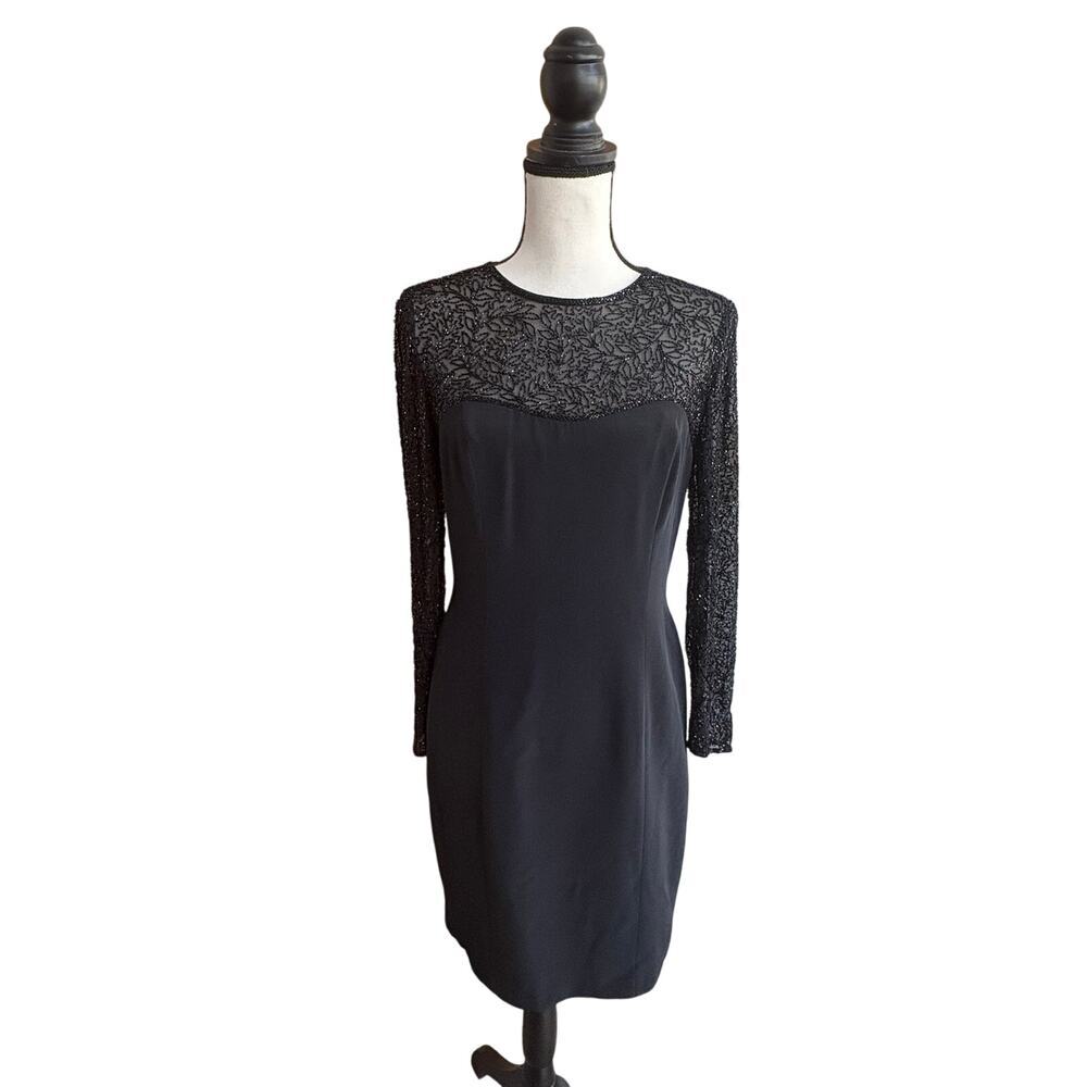 Oleg Cassini Black Tie Beaded Long Sleeve Cocktail Dress Black Size 4 Small